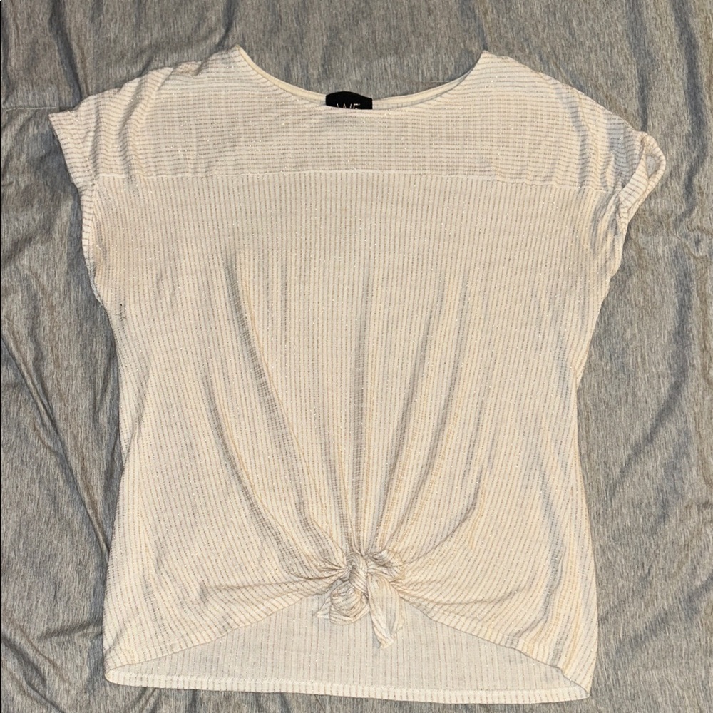 Shimmery shiny Cream Short Sleeve Top with Front Knot Blouse